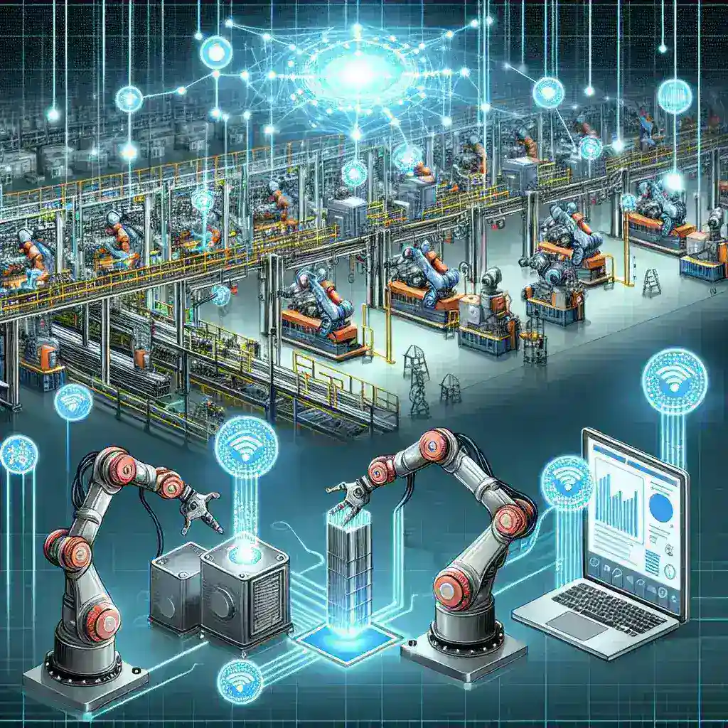 "효율적인 공장 자동화를 보여주는 IoT 기술을 활용한 스마트 제조 시스템 이미지, 운영 효율성을 높이는 기계 및 장비와 연결된 센서와 데이터 분석 보여줌"
