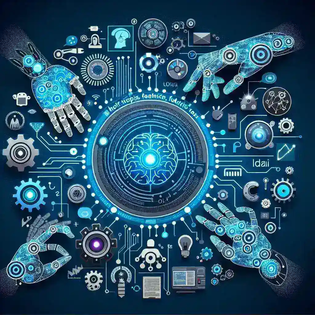 "AI 기술 분야의 현재 동향과 미래 전망을 다루는 기사 이미지: 인공지능 개발, 머신러닝 알고리즘, 데이터 분석 기법을 시각적으로 강조한 그래프와 혁신적인 기술 아이콘"